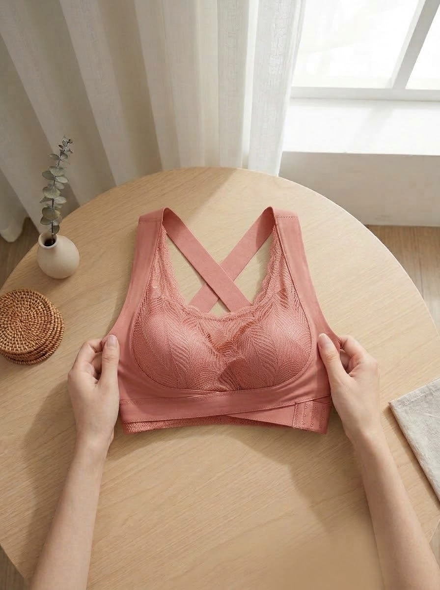 Women’s Lace Support Bra – Criss-Cross Back | Dusty Rose Pink