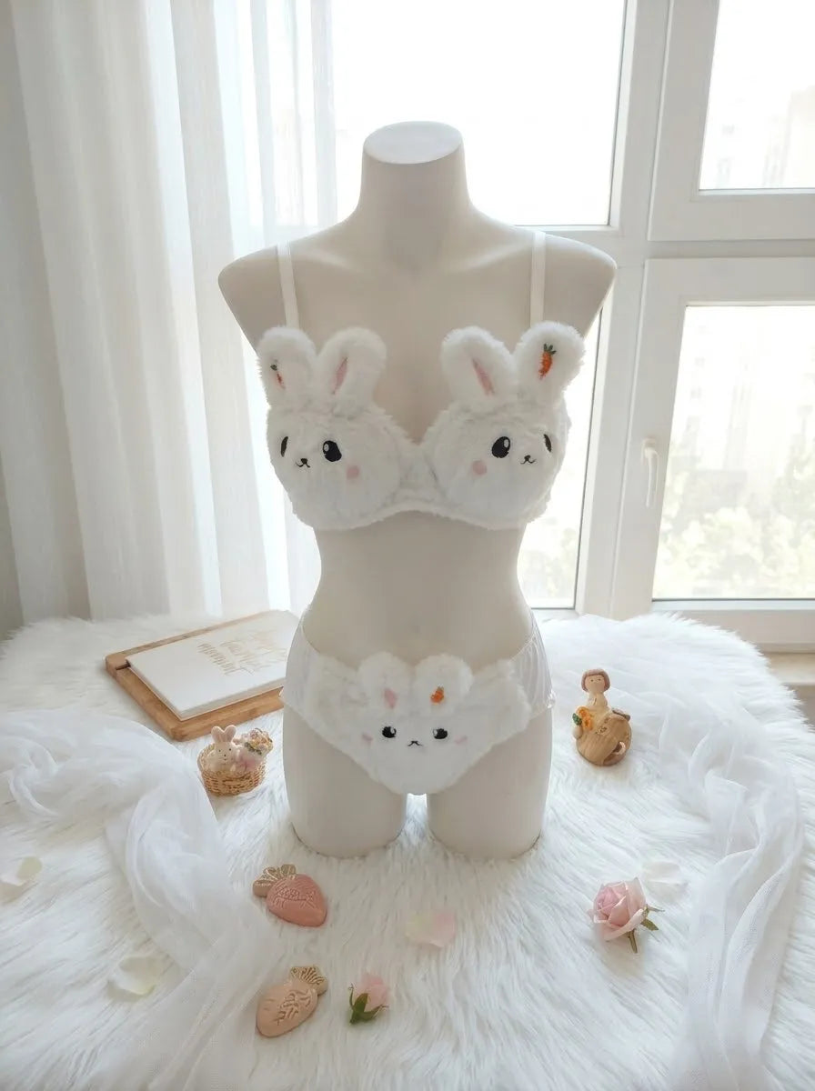 White Bunny Bra & Panty Set – Soft Sherpa Lingerie for Women