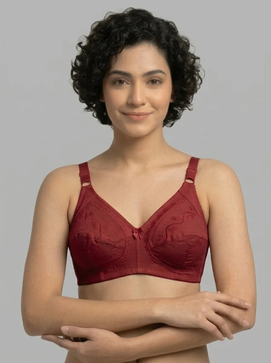 Maroon Embroidered Cotton Bra โ Non-Padded, Non-Wired, Full Coverage