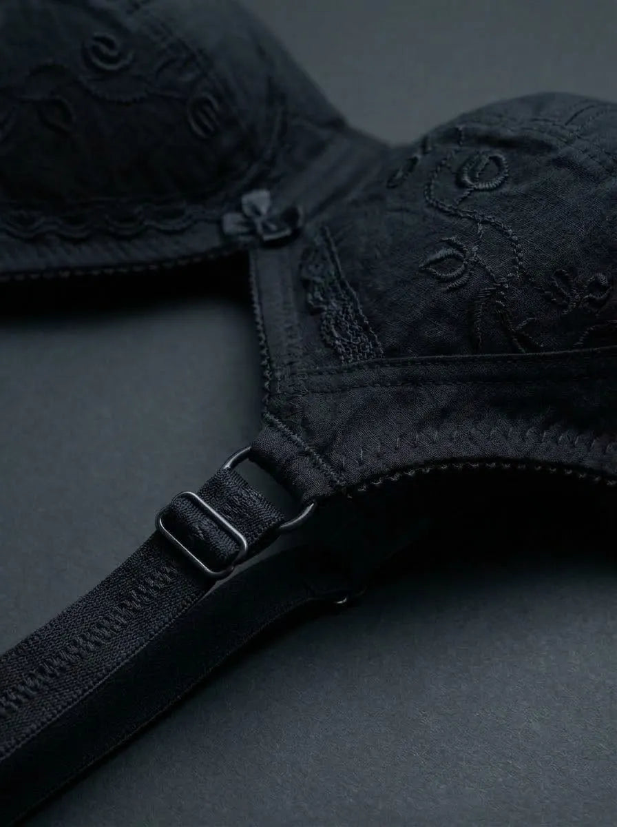 Black Embroidered Cotton Bra โ Non-Padded, Non-Wired, Full Coverage