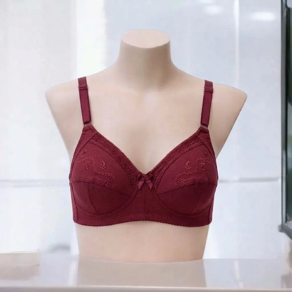 Maroon Embroidered Cotton Bra โ Non-Padded, Non-Wired, Full Coverage