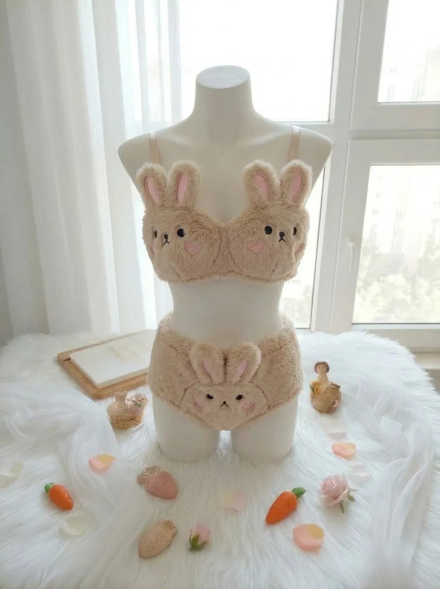 Fluffy Bear Bra & Panty Set – Cute Wire-Free Lingerie | Brown