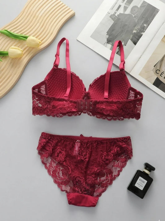Elegant Lace Comfort Padded Bra & Panty Set – Maroon