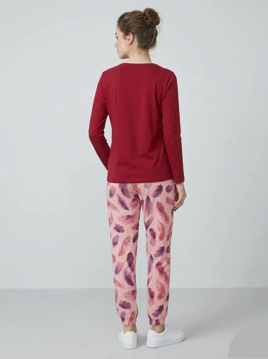 Feather Print Blended PJ Set for Women – Soft Full Sleeve Nightwear