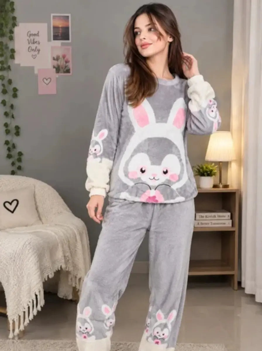 Bunny Fleece Pajama Set for Women – Winter Night Suit