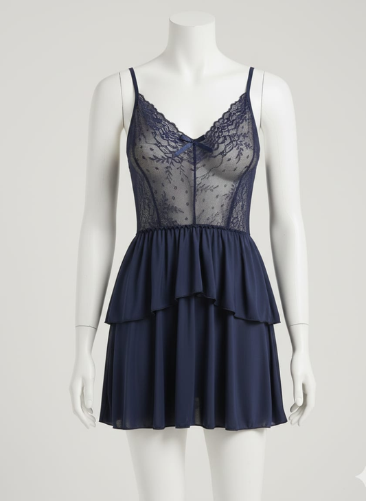 Elegant Navy Blue Lace Babydoll - Night Dress