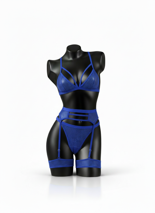 Mesh Lingerie Set with Garter Belt - Blue