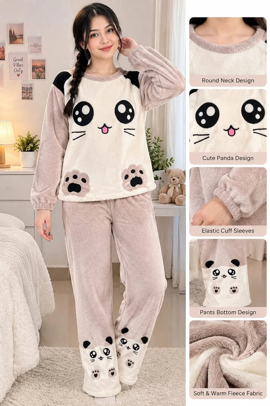 Kitty Face Fleece Pajama Set for Women – Winter Night Suit
