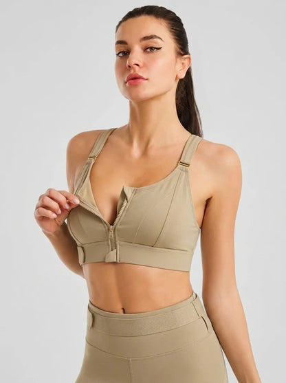 Front Zip High-Support Casual Sports & Gym Bra - Beige