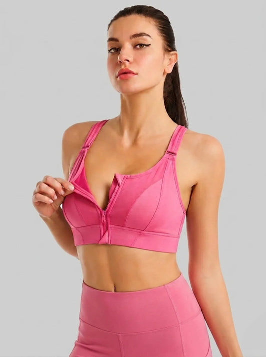 Front Zip High-Support Casual Sports & Gym Bra - Pink