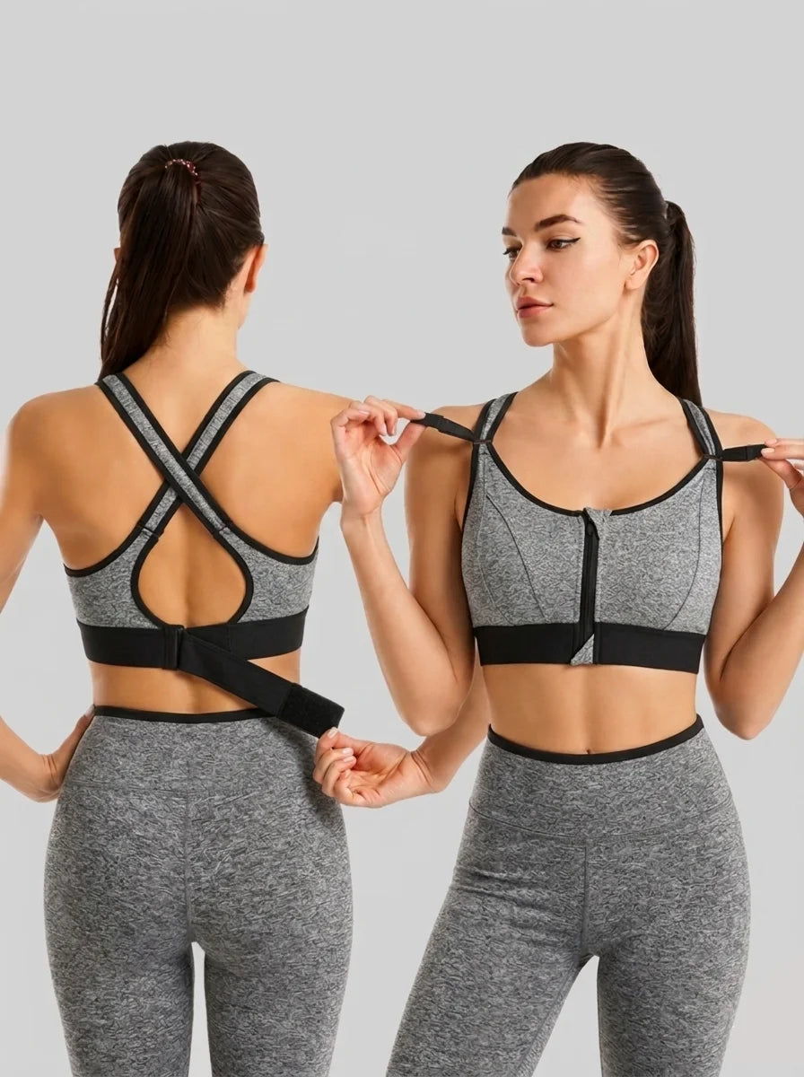 Front Zip High-Support Casual Sports & Gym Bra - Grey