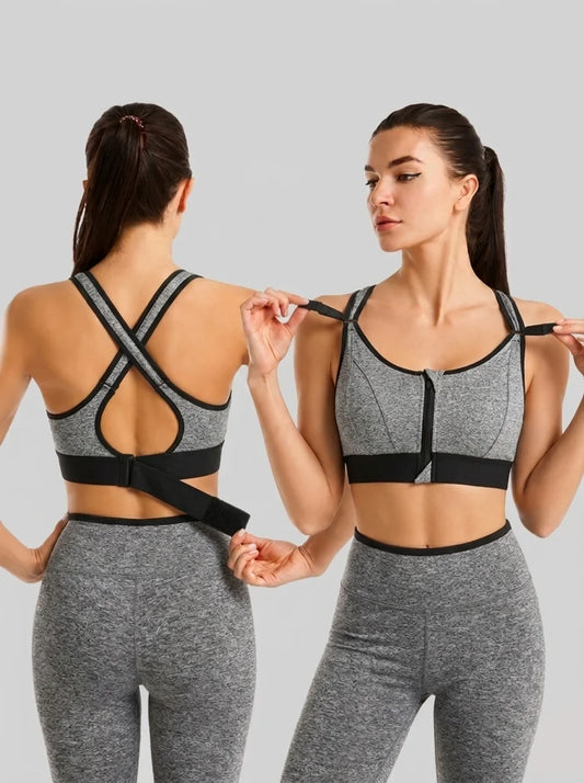 Front Zip High-Support Casual Sports & Gym Bra - Grey