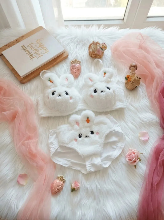 White Bunny Bra & Panty Set – Soft Sherpa Lingerie for Women