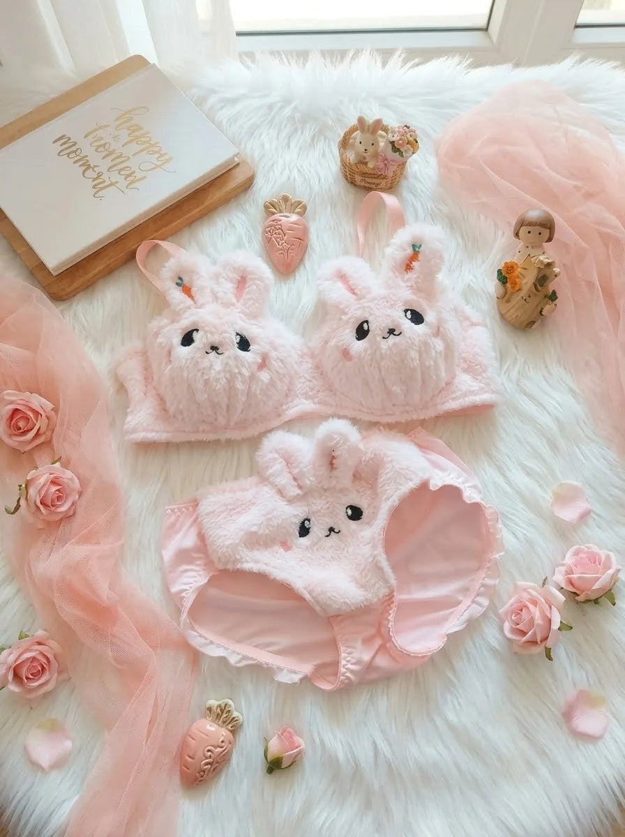 Pink Bunny Bra & Panty Set – Soft Sherpa Lingerie for Women