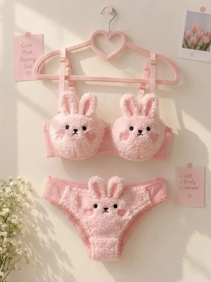 Pink Bunny Bra & Panty Set – Soft Sherpa Lingerie for Women