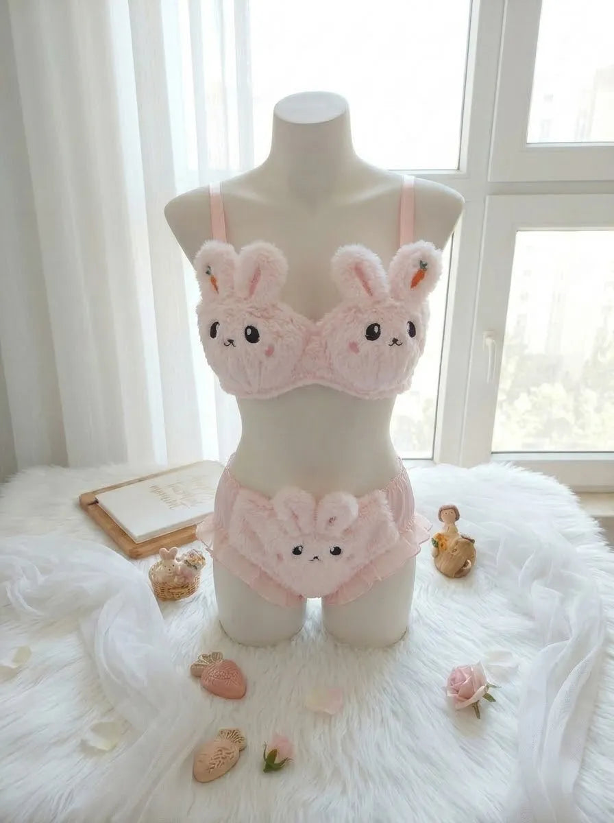 Pink Bunny Bra & Panty Set – Soft Sherpa Lingerie for Women