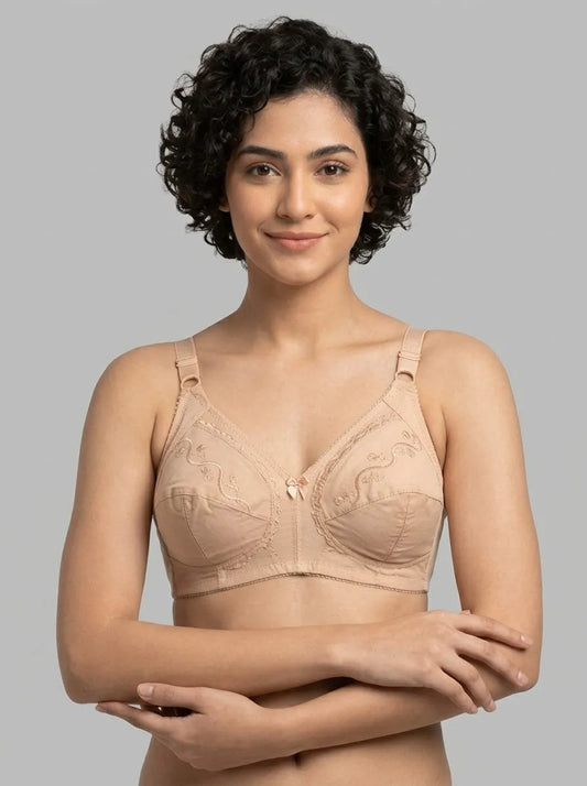 Skin Embroidered Cotton Bra – Non-Padded, Non-Wired, Full Coverage