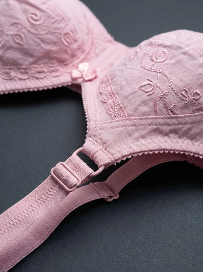 Pink Embroidered Cotton Bra – Non-Padded, Non-Wired, Full Coverage