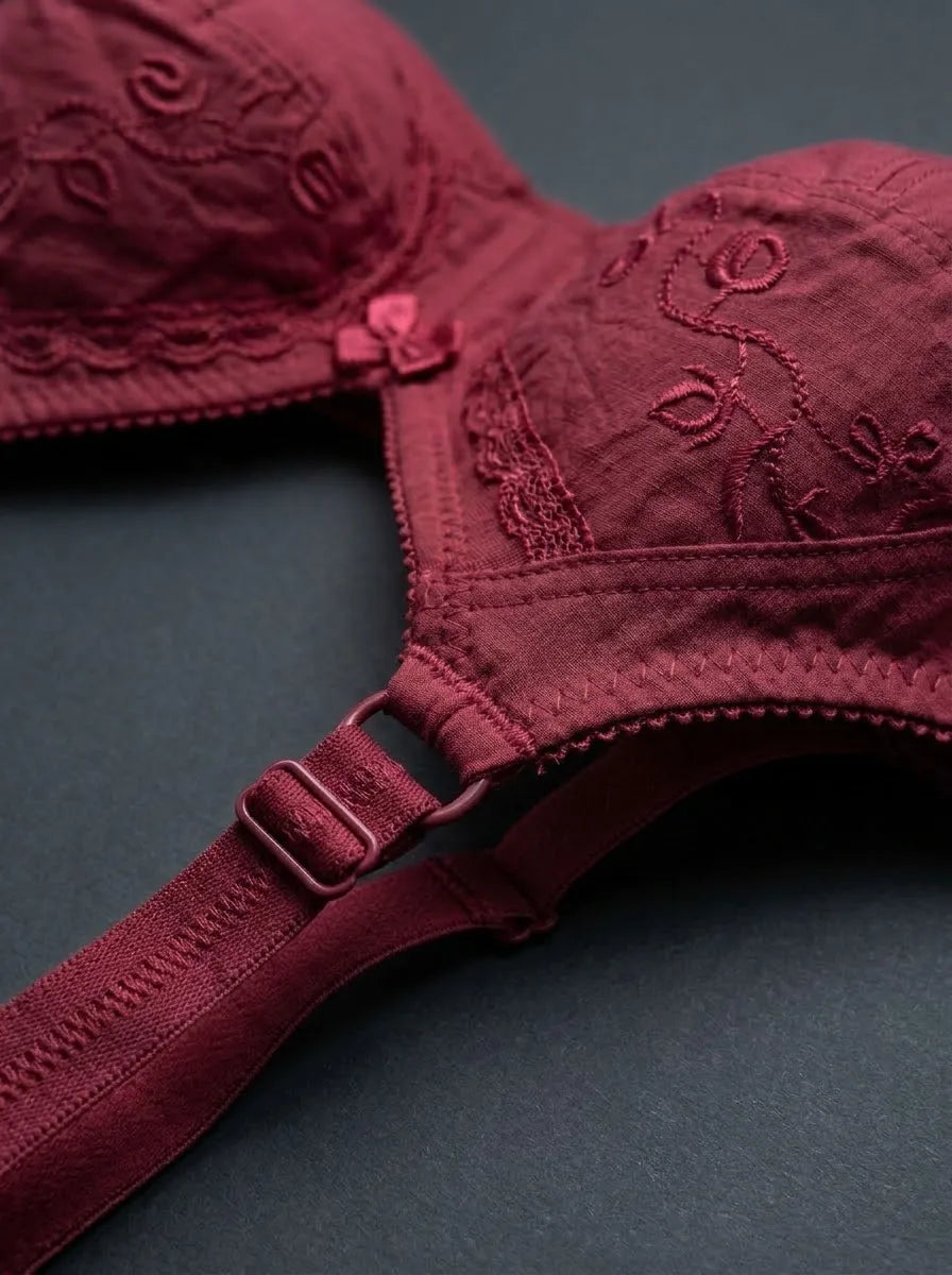 Maroon Embroidered Cotton Bra – Non-Padded, Non-Wired, Full Coverage