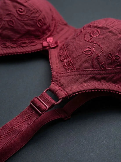 Maroon Embroidered Cotton Bra – Non-Padded, Non-Wired, Full Coverage