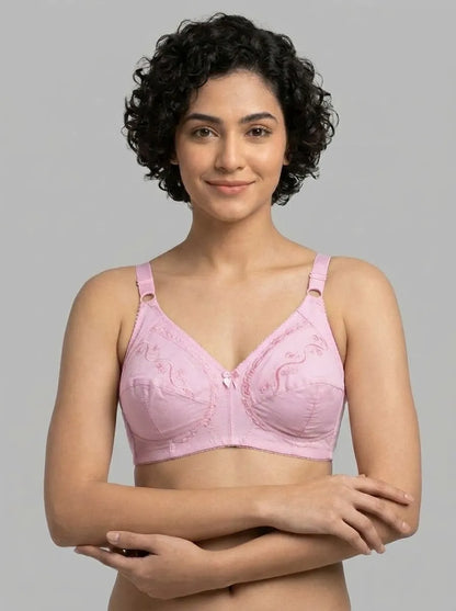 Pink Embroidered Cotton Bra – Non-Padded, Non-Wired, Full Coverage