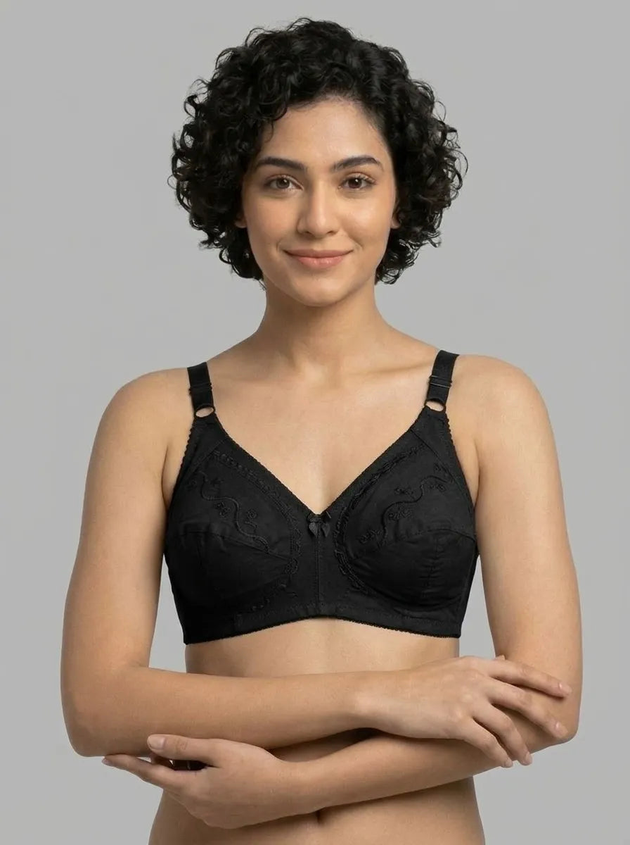 Black Embroidered Cotton Bra – Non-Padded, Non-Wired, Full Coverage