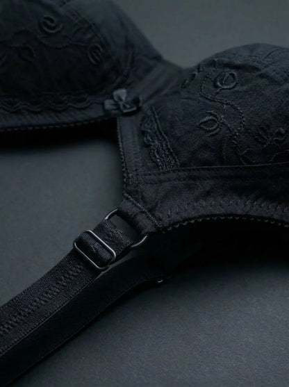 Black Embroidered Cotton Bra – Non-Padded, Non-Wired, Full Coverage
