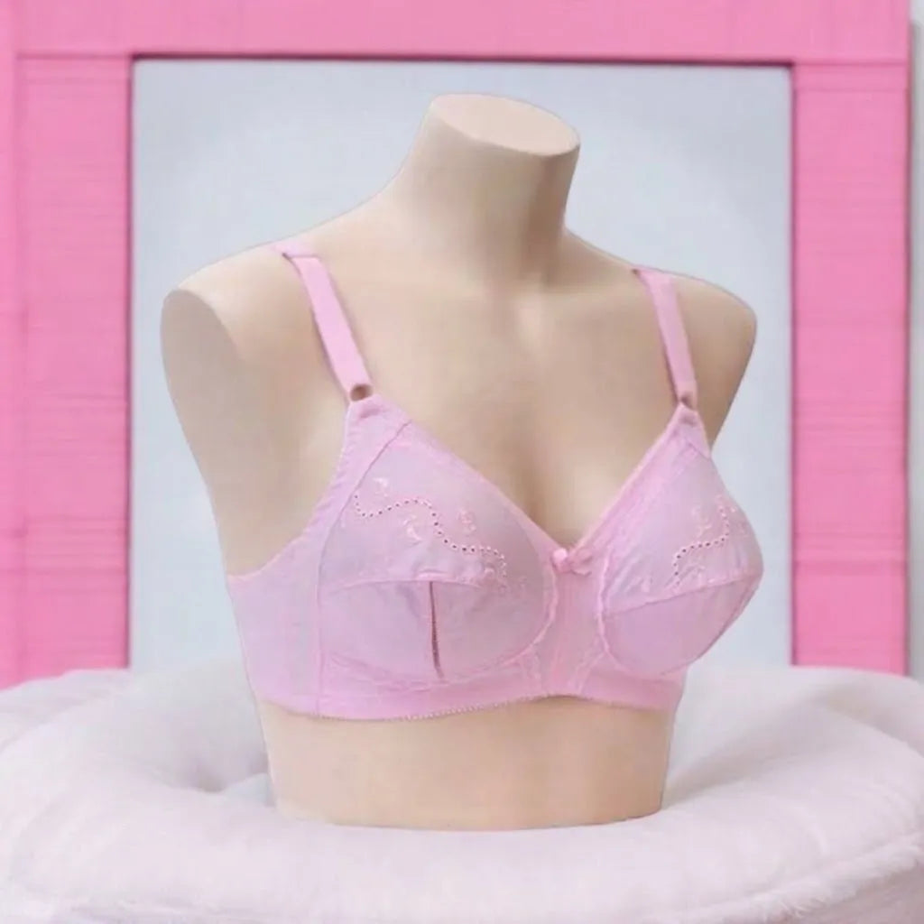 Pink Embroidered Cotton Bra – Non-Padded, Non-Wired, Full Coverage