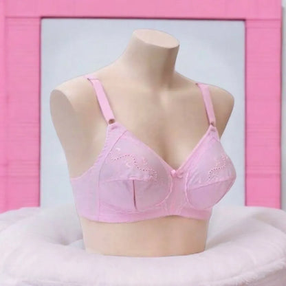 Pink Embroidered Cotton Bra – Non-Padded, Non-Wired, Full Coverage