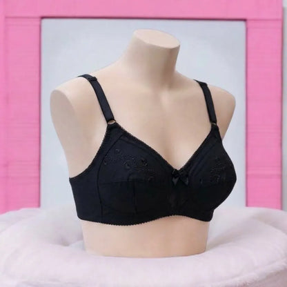 Black Embroidered Cotton Bra – Non-Padded, Non-Wired, Full Coverage