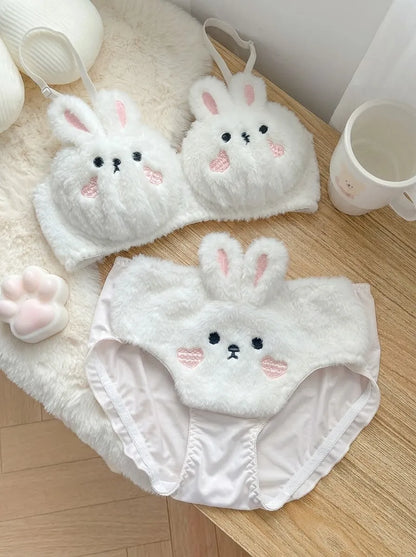 Fluffy Bear Bra & Panty Set – Cute Wire-Free Lingerie | White
