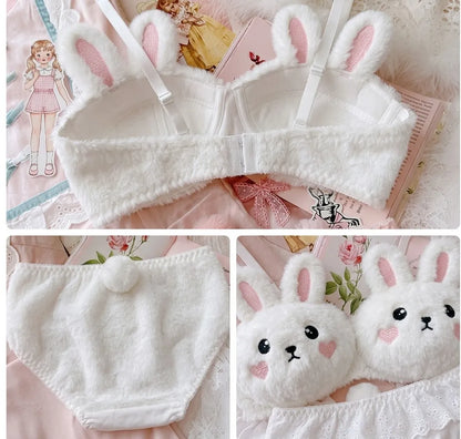 Fluffy Bear Bra & Panty Set – Cute Wire-Free Lingerie | White