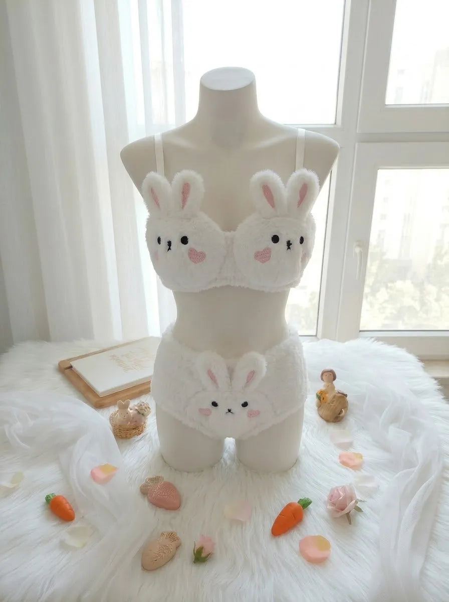 Fluffy Bear Bra & Panty Set – Cute Wire-Free Lingerie | White