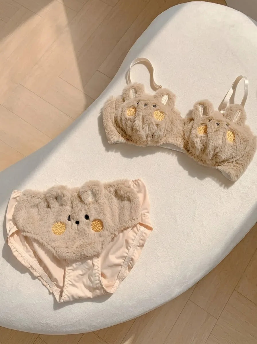 Fluffy Bear Bra & Panty Set – Cute Wire-Free Lingerie | Brown