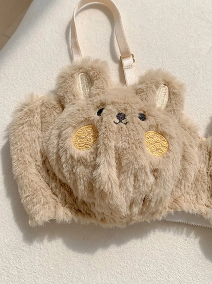 Fluffy Bear Bra & Panty Set – Cute Wire-Free Lingerie | Brown