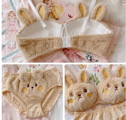 Fluffy Bear Bra & Panty Set – Cute Wire-Free Lingerie | Brown