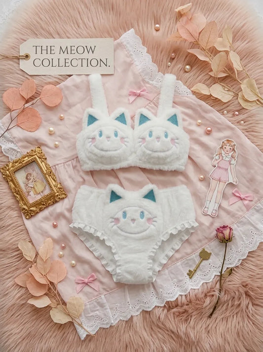 Fluffy Cat Bra & Panty Set – Cute Plush Lingerie | White & Blue