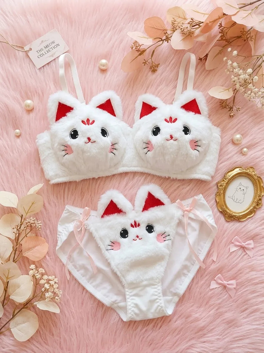 Fluffy Cat Bra & Panty Set – Cute Plush Lingerie | White & Red