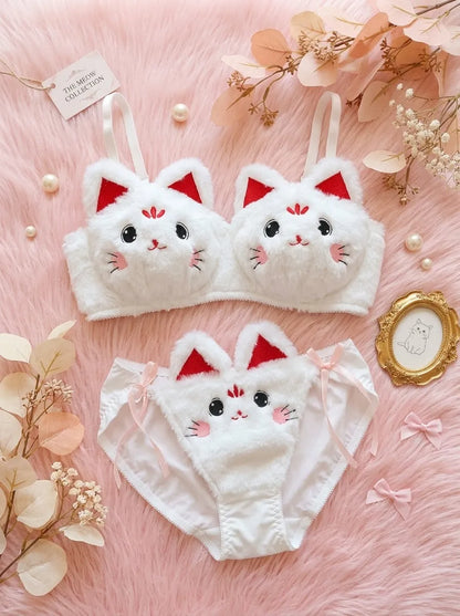 Fluffy Cat Bra & Panty Set – Cute Plush Lingerie | White & Red