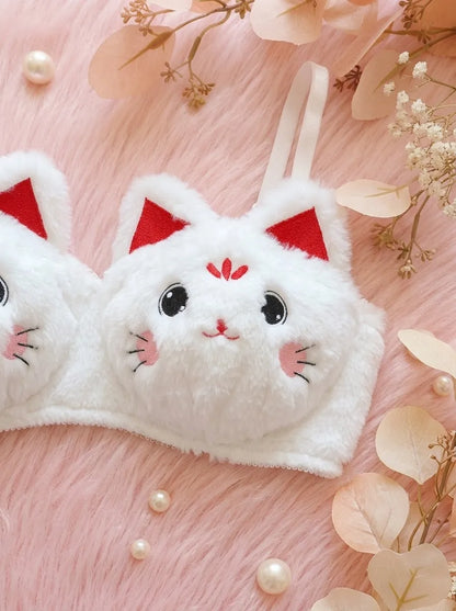 Fluffy Cat Bra & Panty Set – Cute Plush Lingerie | White & Red