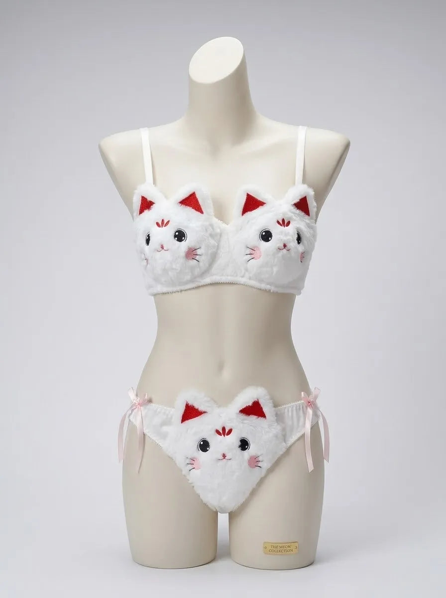 Fluffy Cat Bra & Panty Set – Cute Plush Lingerie | White & Red