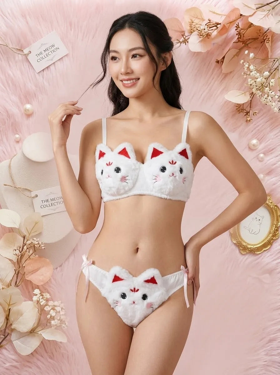 Fluffy Cat Bra & Panty Set – Cute Plush Lingerie | White & Red
