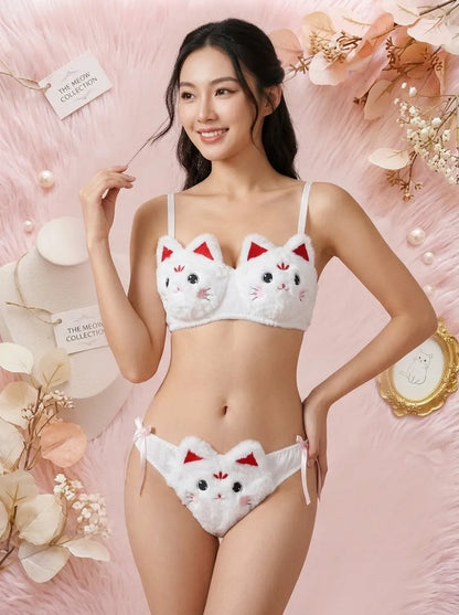Fluffy Cat Bra & Panty Set – Cute Plush Lingerie | White & Red