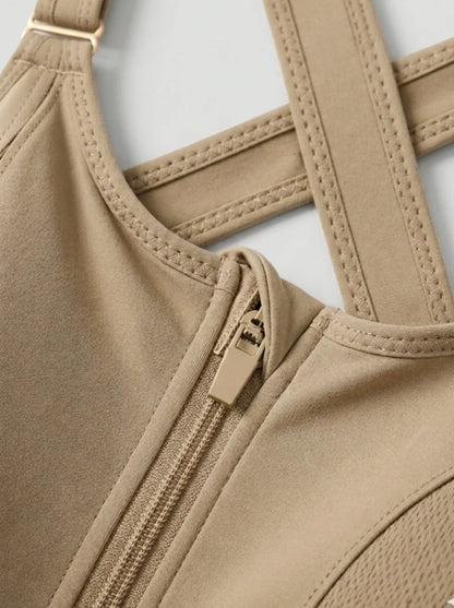 Front Zip High-Support Casual Sports & Gym Bra - Beige