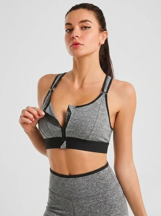 Front Zip High-Support Casual Sports & Gym Bra - Grey
