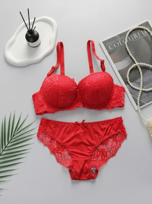 Elegant Lace Comfort Padded Bra & Panty Set – Red