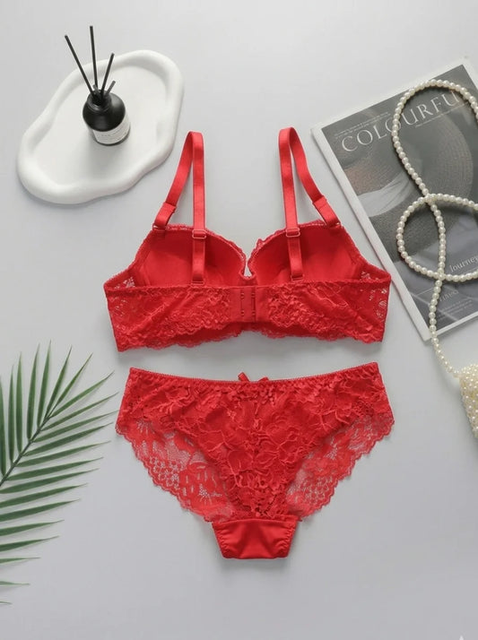 Elegant Lace Comfort Padded Bra & Panty Set – Red