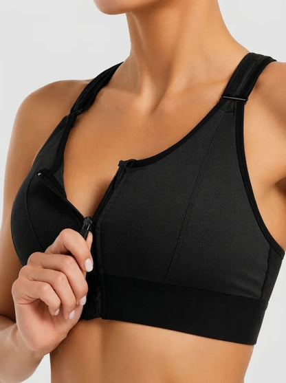 Front Zip High-Support Casual Sports & Gym Bra - Black