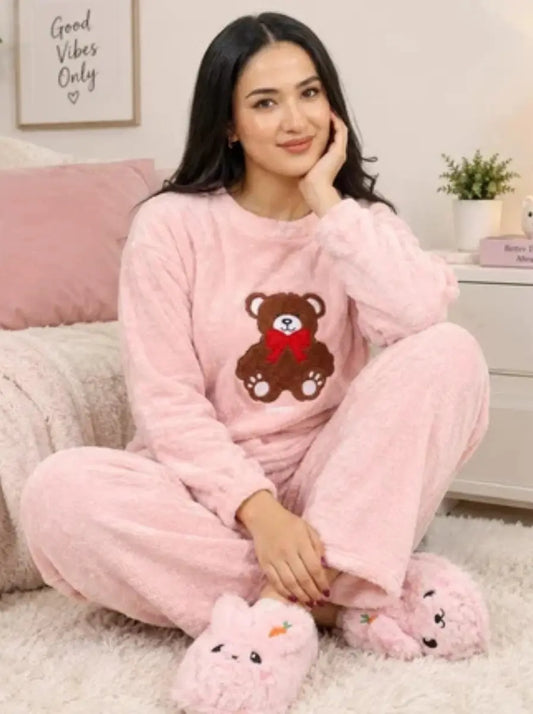 Teddy Bear Fleece Pajama Set for Women – Pink Night Suit