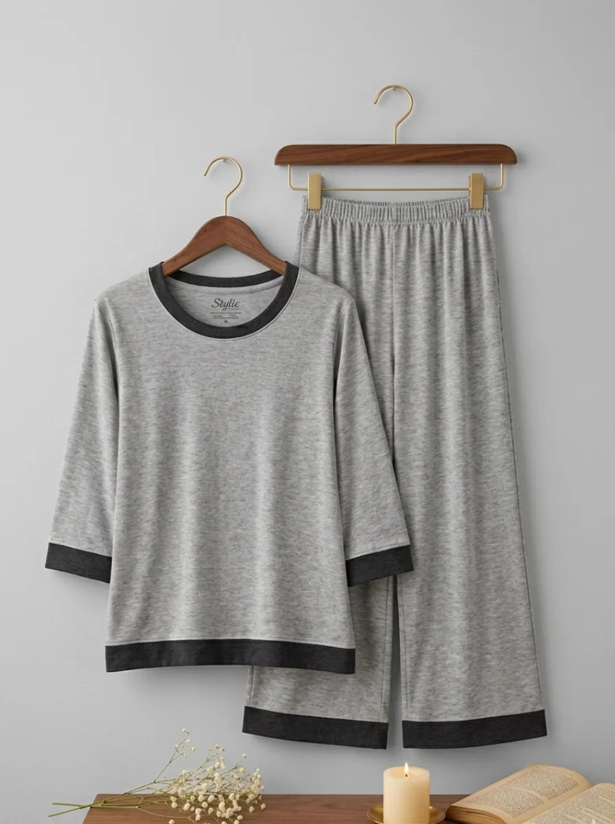 Premium Cotton Jersey PJ Set for Women – Light Grey